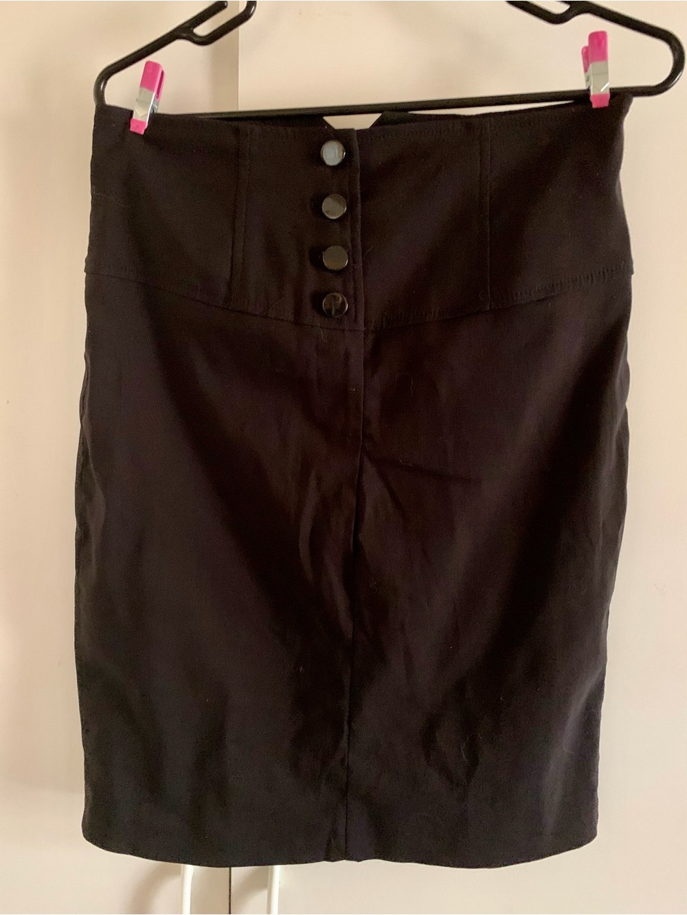 Waist-Panel Black Midi Pencil Skirt with Front Buttons